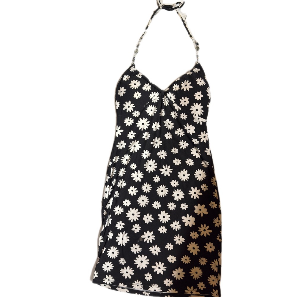 Black Daisy Halter Dress with White Floral Print
